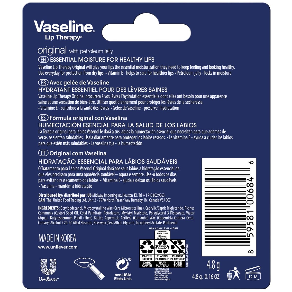 Vaseline Lip Therapy Original 8-Pack – Intensive Lip Moisturizer for Dry, Cracked Lips, 0.16 oz Each - görsel 3