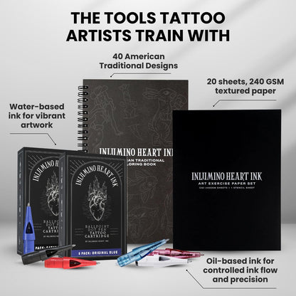 Inlumino Heart Ink Tattoo Practice Pen – Wireless Rotary Dot Pen Machine with 8 Black Ballpoint Cartridges – Electric Tattoo Training Tool with 2 Batteries & Magnetic Carry Case Avelisse