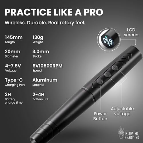 Inlumino Heart Ink Tattoo Practice Pen – Wireless Rotary Dot Pen Machine with 8 Black Ballpoint Cartridges – Electric Tattoo Training Tool with 2 Batteries & Magnetic Carry Case Avelisse