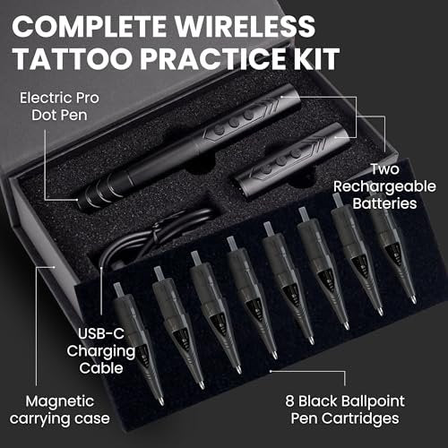 Inlumino Heart Ink Tattoo Practice Pen – Wireless Rotary Dot Pen Machine with 8 Black Ballpoint Cartridges – Electric Tattoo Training Tool with 2 Batteries & Magnetic Carry Case Avelisse