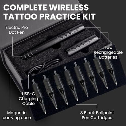 Inlumino Heart Ink Tattoo Practice Pen – Wireless Rotary Dot Pen Machine with 8 Black Ballpoint Cartridges – Electric Tattoo Training Tool with 2 Batteries & Magnetic Carry Case Avelisse