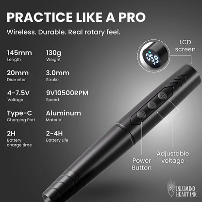 Inlumino Heart Ink Tattoo Practice Pen – Wireless Rotary Dot Pen Machine with 8 Black Ballpoint Cartridges – Electric Tattoo Training Tool with 2 Batteries & Magnetic Carry Case Avelisse