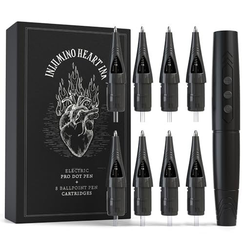 Inlumino Heart Ink Tattoo Practice Pen – Wireless Rotary Dot Pen Machine with 8 Black Ballpoint Cartridges – Electric Tattoo Training Tool with 2 Batteries & Magnetic Carry Case Avelisse