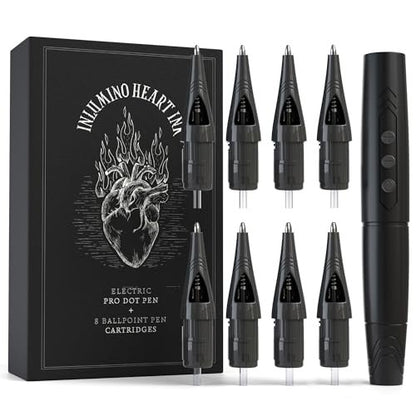 Inlumino Heart Ink Tattoo Practice Pen – Wireless Rotary Dot Pen Machine with 8 Black Ballpoint Cartridges – Electric Tattoo Training Tool with 2 Batteries & Magnetic Carry Case Avelisse