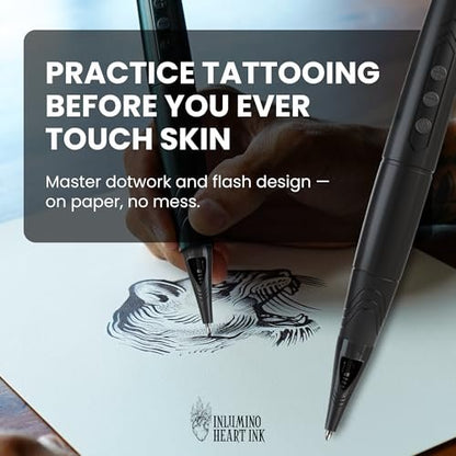 Inlumino Heart Ink Tattoo Practice Pen – Wireless Rotary Dot Pen Machine with 8 Black Ballpoint Cartridges – Electric Tattoo Training Tool with 2 Batteries & Magnetic Carry Case Avelisse