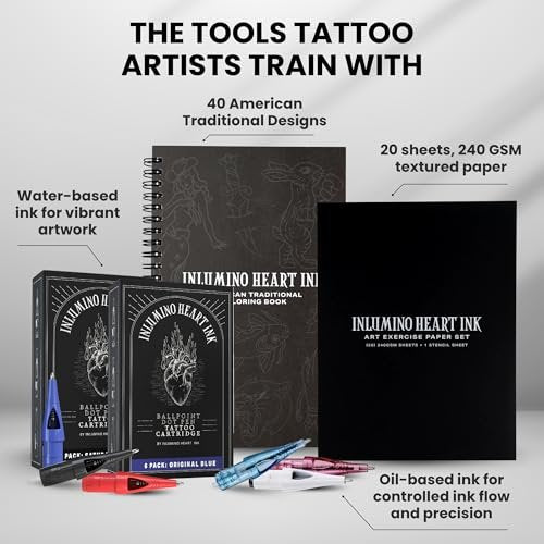 Inlumino Heart Ink Tattoo Practice Pen – Wireless Rotary Dot Pen Machine with 8 Black Ballpoint Cartridges – Electric Tattoo Training Tool with 2 Batteries & Magnetic Carry Case Avelisse