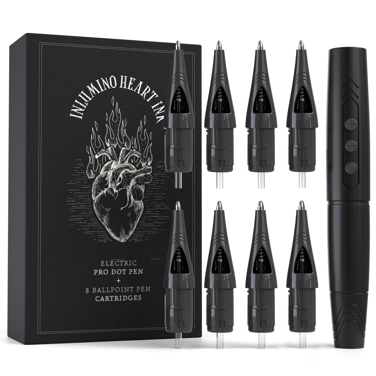 Inlumino Heart Ink Tattoo Practice Pen – Wireless Rotary Dot Pen Machine with 8 Black Ballpoint Cartridges – Electric Tattoo Training Tool with 2 Batteries & Magnetic Carry Case Avelisse