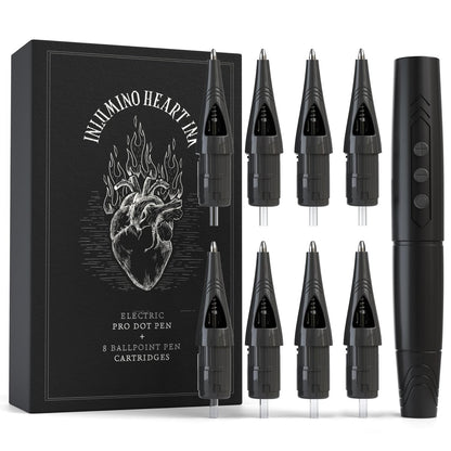 Inlumino Heart Ink Tattoo Practice Pen – Wireless Rotary Dot Pen Machine with 8 Black Ballpoint Cartridges – Electric Tattoo Training Tool with 2 Batteries & Magnetic Carry Case Avelisse