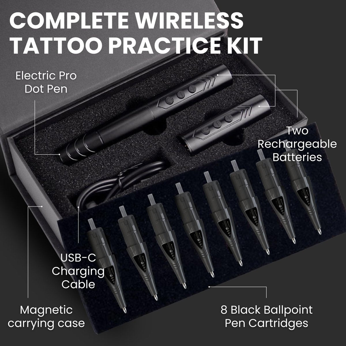Inlumino Heart Ink Tattoo Practice Pen – Wireless Rotary Dot Pen Machine with 8 Black Ballpoint Cartridges – Electric Tattoo Training Tool with 2 Batteries & Magnetic Carry Case Avelisse