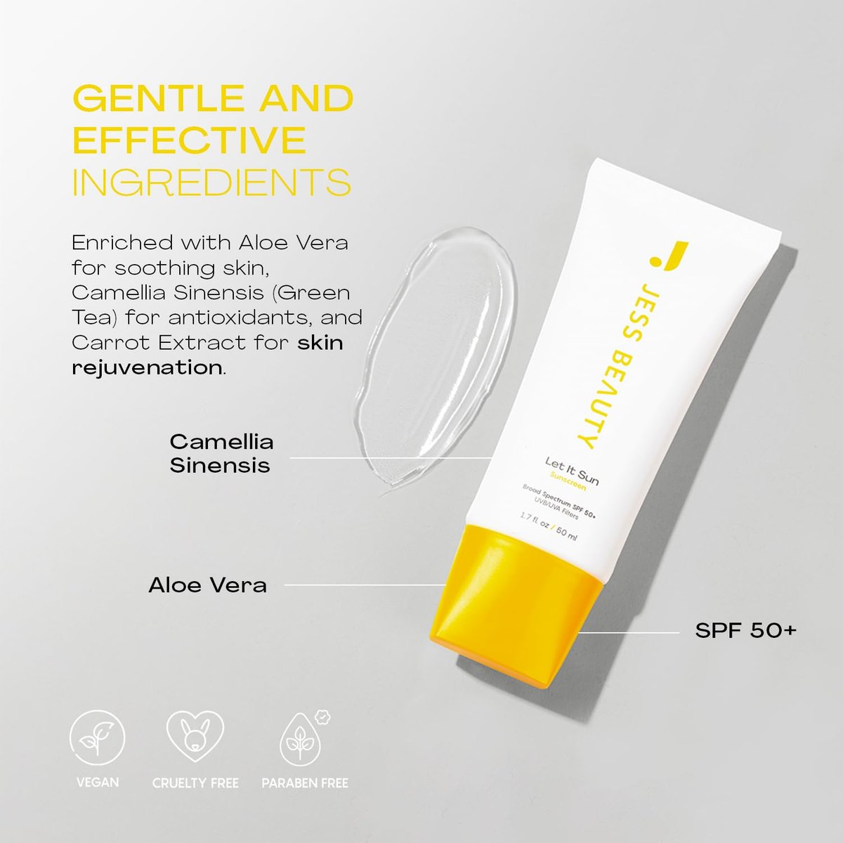 JESS BEAUTY Let it Sun 50+ Sunscreen with Green Tea & Aloe Extract - SPF 50+ Broad Spectrum Sun Protection for Face & Body, 1.7 fl oz Avelisse