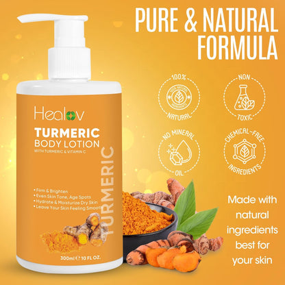 Healov Turmeric Lotion for Spots - Natural Turmeric Skin Brightening Cream for Face & Body - Cleanse Skin, Fight Acne, Even Tone, Clear Scars, Sun Damage, & Discoloration - with Vitamin C (10 oz)