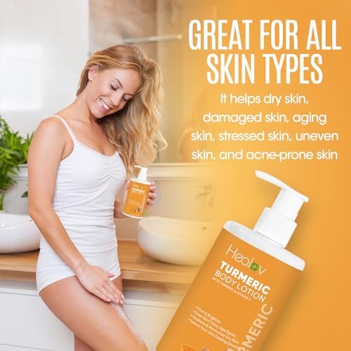 Healov Turmeric Lotion for Spots - Natural Turmeric Skin Brightening Cream for Face & Body - Cleanse Skin, Fight Acne, Even Tone, Clear Scars, Sun Damage, & Discoloration - with Vitamin C (10 oz) - görsel 6