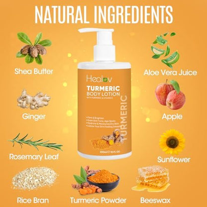 Healov Turmeric Lotion for Spots - Natural Turmeric Skin Brightening Cream for Face & Body - Cleanse Skin, Fight Acne, Even Tone, Clear Scars, Sun Damage, & Discoloration - with Vitamin C (10 oz)