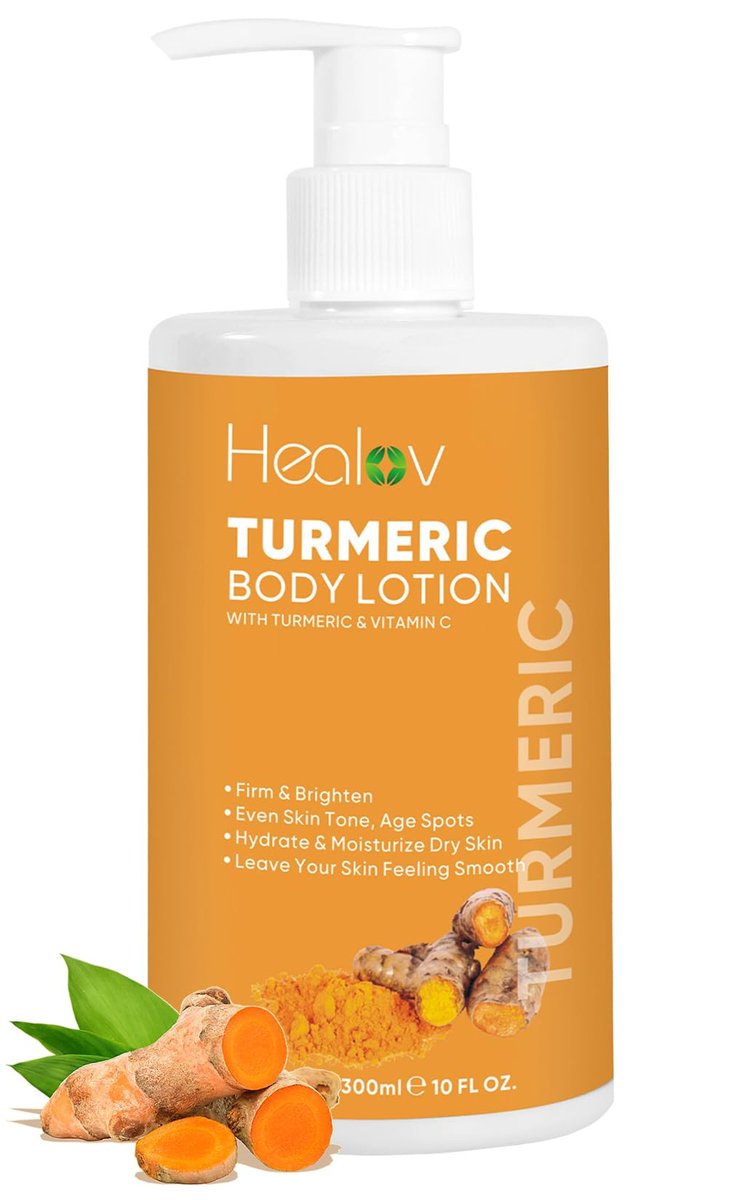 Healov Turmeric Lotion for Spots - Natural Turmeric Skin Brightening Cream for Face & Body - Cleanse Skin, Fight Acne, Even Tone, Clear Scars, Sun Damage, & Discoloration - with Vitamin C (10 oz) - görsel 1