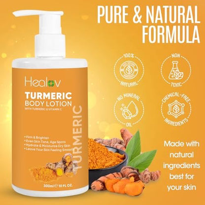 Healov Turmeric Lotion for Spots - Natural Turmeric Skin Brightening Cream for Face & Body - Cleanse Skin, Fight Acne, Even Tone, Clear Scars, Sun Damage, & Discoloration - with Vitamin C (10 oz)
