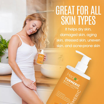 Healov Turmeric Lotion for Spots - Natural Turmeric Skin Brightening Cream for Face & Body - Cleanse Skin, Fight Acne, Even Tone, Clear Scars, Sun Damage, & Discoloration - with Vitamin C (10 oz)