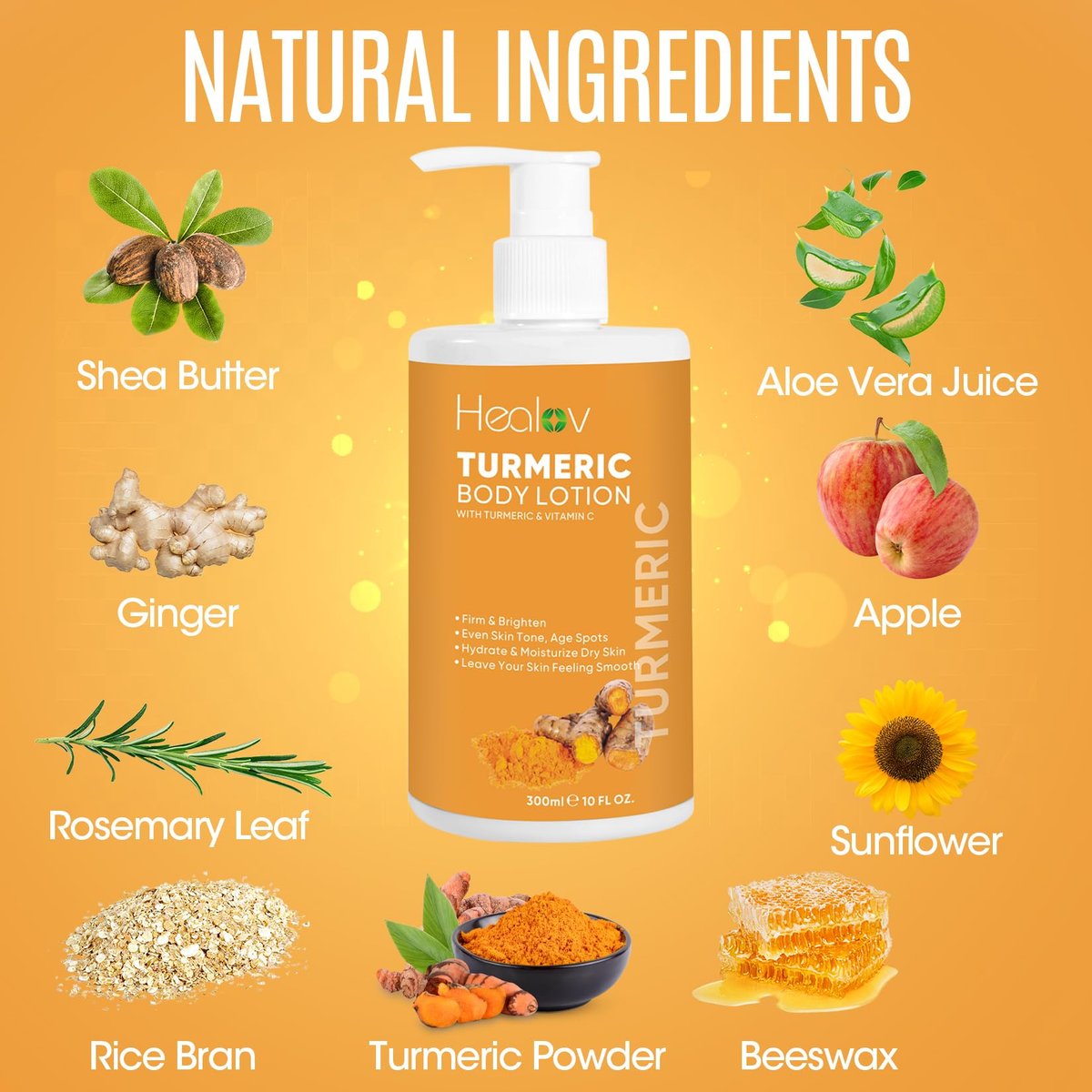Healov Turmeric Lotion for Spots - Natural Turmeric Skin Brightening Cream for Face & Body - Cleanse Skin, Fight Acne, Even Tone, Clear Scars, Sun Damage, & Discoloration - with Vitamin C (10 oz) - görsel 9
