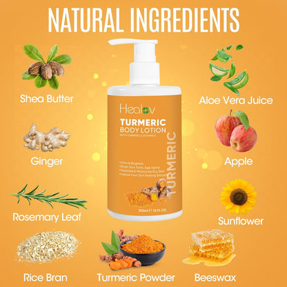 Healov Turmeric Lotion for Spots - Natural Turmeric Skin Brightening Cream for Face & Body - Cleanse Skin, Fight Acne, Even Tone, Clear Scars, Sun Damage, & Discoloration - with Vitamin C (10 oz)