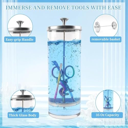 BOMOQING 35OZ Barber Jar for Manicure & Pedicure Implements - Salon Tool Disinfectant Container with Removable Straining Tray (1035ml) Avelisse