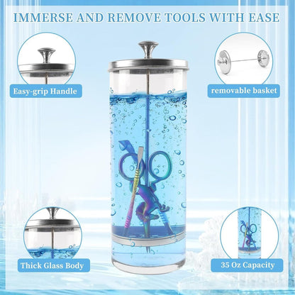 BOMOQING 35OZ Barber Jar for Manicure & Pedicure Implements - Salon Tool Disinfectant Container with Removable Straining Tray (1035ml) Avelisse