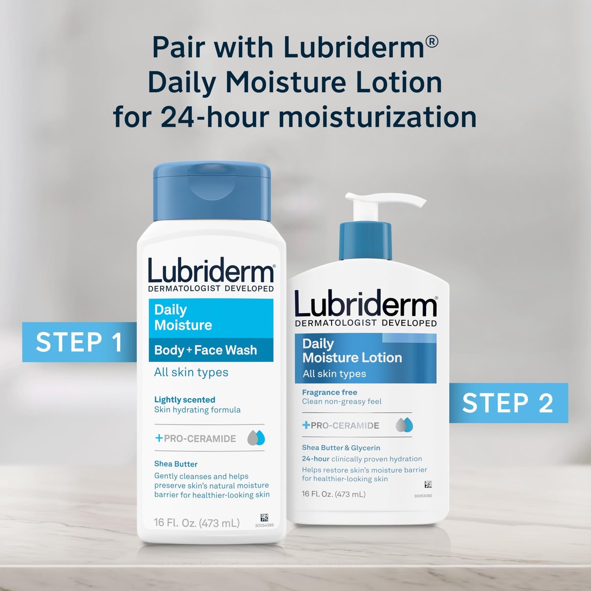 Lubriderm Daily Moisture Body + Face Wash, Hydrating Body Wash and Moisturizing Facial Cleanser with Pro-Ceramide & Shea Butter, Hypoallergenic, 16 fl. oz - görsel 11