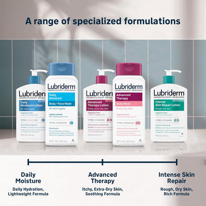 Lubriderm Daily Moisture Body + Face Wash, Hydrating Body Wash and Moisturizing Facial Cleanser with Pro-Ceramide & Shea Butter, Hypoallergenic, 16 fl. oz
