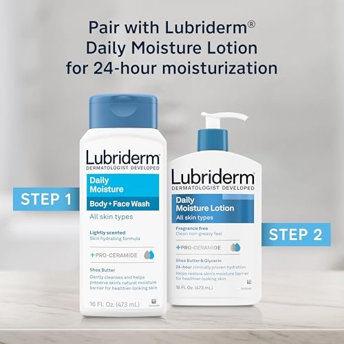 Lubriderm Daily Moisture Body + Face Wash, Hydrating Body Wash and Moisturizing Facial Cleanser with Pro-Ceramide & Shea Butter, Hypoallergenic, 16 fl. oz - görsel 12