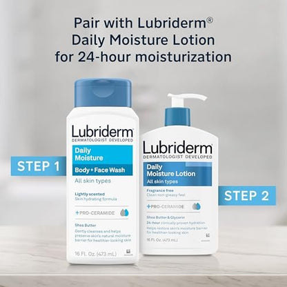Lubriderm Daily Moisture Body + Face Wash, Hydrating Body Wash and Moisturizing Facial Cleanser with Pro-Ceramide & Shea Butter, Hypoallergenic, 16 fl. oz