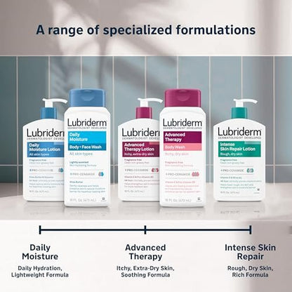 Lubriderm Daily Moisture Body + Face Wash, Hydrating Body Wash and Moisturizing Facial Cleanser with Pro-Ceramide & Shea Butter, Hypoallergenic, 16 fl. oz