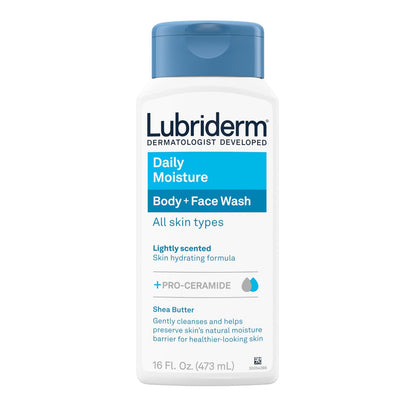 Lubriderm Daily Moisture Body + Face Wash, Hydrating Body Wash and Moisturizing Facial Cleanser with Pro-Ceramide & Shea Butter, Hypoallergenic, 16 fl. oz