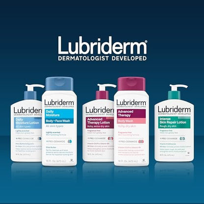 Lubriderm Daily Moisture Body + Face Wash, Hydrating Body Wash and Moisturizing Facial Cleanser with Pro-Ceramide & Shea Butter, Hypoallergenic, 16 fl. oz