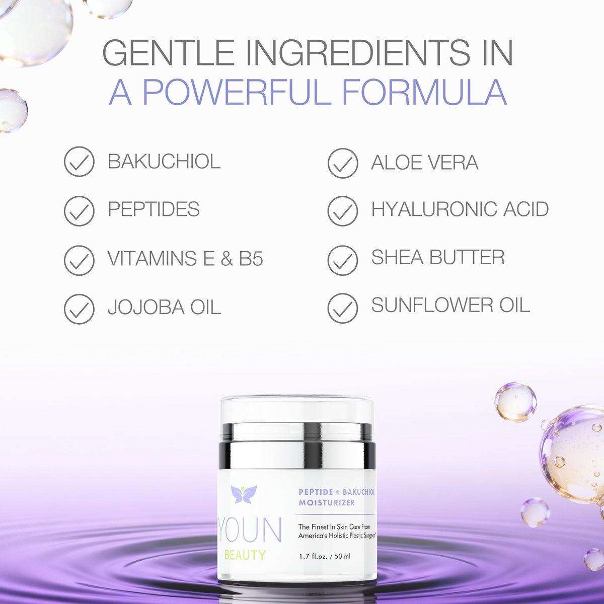 YOUN Beauty Peptide + Bakuchiol Moisturizer – Retinol-Alternative Face Cream for Collagen Support, Hydration & Elasticity, Paraben-Free, 50ml Avelisse