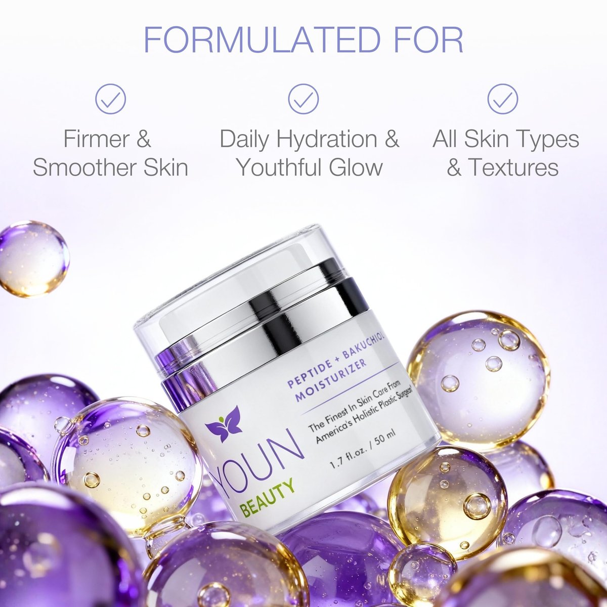 YOUN Beauty Peptide + Bakuchiol Moisturizer – Retinol-Alternative Face Cream for Collagen Support, Hydration & Elasticity, Paraben-Free, 50ml Avelisse