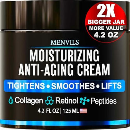 Menvils Men's Face Moisturizer Cream - Anti Aging & Wrinkle Repair - After Shave Lotion with Collagen, Retinol, Peptides, Jojoba Oil - Lightweight Day & Night Cream - 4.2 oz