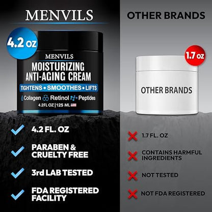 Menvils Men's Face Moisturizer Cream - Anti Aging & Wrinkle Repair - After Shave Lotion with Collagen, Retinol, Peptides, Jojoba Oil - Lightweight Day & Night Cream - 4.2 oz