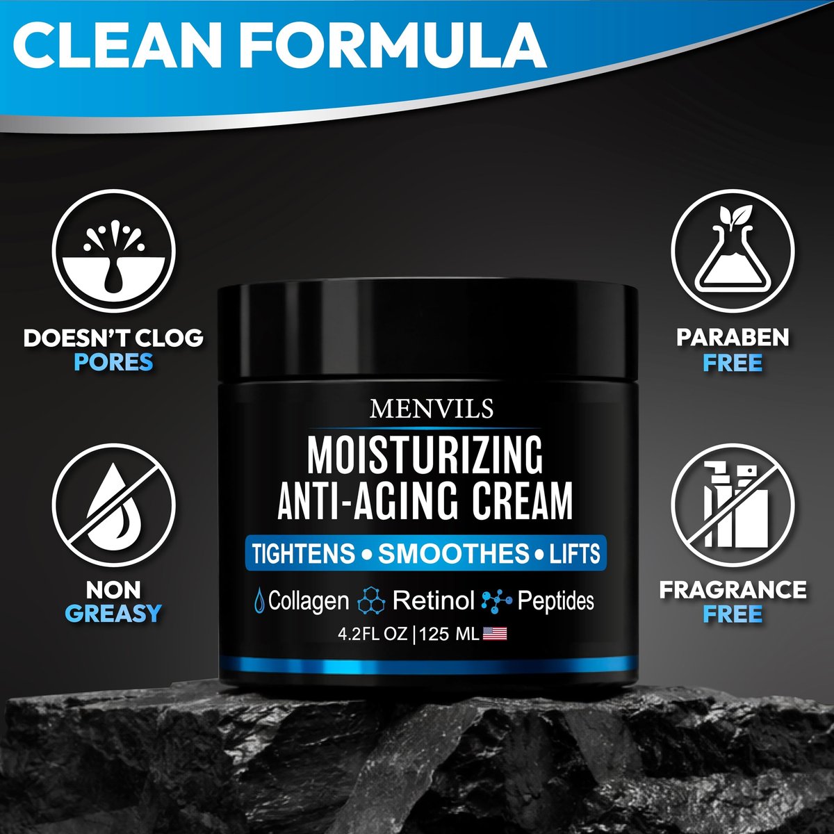 Menvils Men's Face Moisturizer Cream - Anti Aging & Wrinkle Repair - After Shave Lotion with Collagen, Retinol, Peptides, Jojoba Oil - Lightweight Day & Night Cream - 4.2 oz - görsel 15