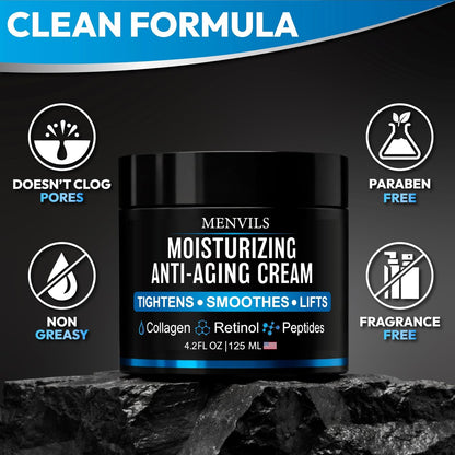 Menvils Men's Face Moisturizer Cream - Anti Aging & Wrinkle Repair - After Shave Lotion with Collagen, Retinol, Peptides, Jojoba Oil - Lightweight Day & Night Cream - 4.2 oz