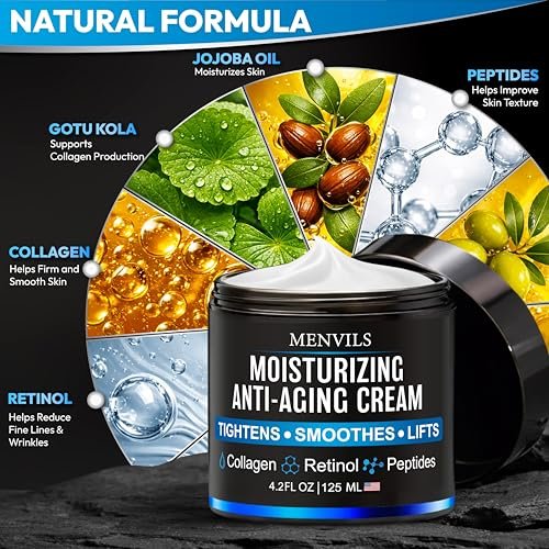 Menvils Men's Face Moisturizer Cream - Anti Aging & Wrinkle Repair - After Shave Lotion with Collagen, Retinol, Peptides, Jojoba Oil - Lightweight Day & Night Cream - 4.2 oz - görsel 6