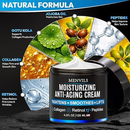 Menvils Men's Face Moisturizer Cream - Anti Aging & Wrinkle Repair - After Shave Lotion with Collagen, Retinol, Peptides, Jojoba Oil - Lightweight Day & Night Cream - 4.2 oz