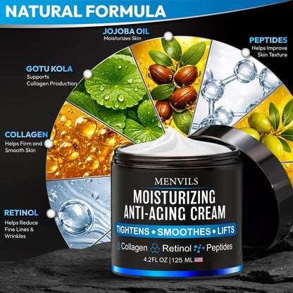 Menvils Men's Face Moisturizer Cream - Anti Aging & Wrinkle Repair - After Shave Lotion with Collagen, Retinol, Peptides, Jojoba Oil - Lightweight Day & Night Cream - 4.2 oz