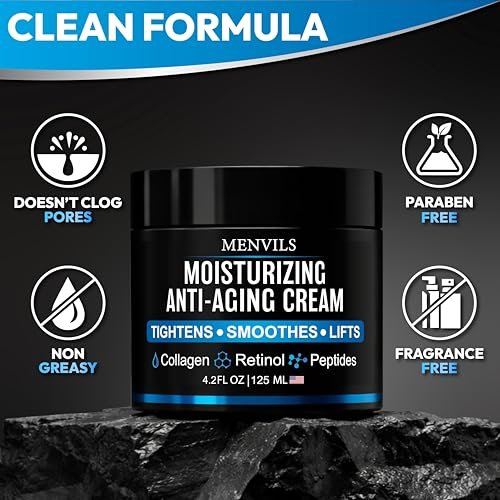 Menvils Men's Face Moisturizer Cream - Anti Aging & Wrinkle Repair - After Shave Lotion with Collagen, Retinol, Peptides, Jojoba Oil - Lightweight Day & Night Cream - 4.2 oz - görsel 16