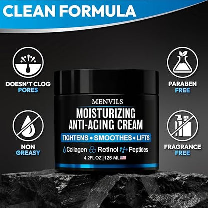 Menvils Men's Face Moisturizer Cream - Anti Aging & Wrinkle Repair - After Shave Lotion with Collagen, Retinol, Peptides, Jojoba Oil - Lightweight Day & Night Cream - 4.2 oz