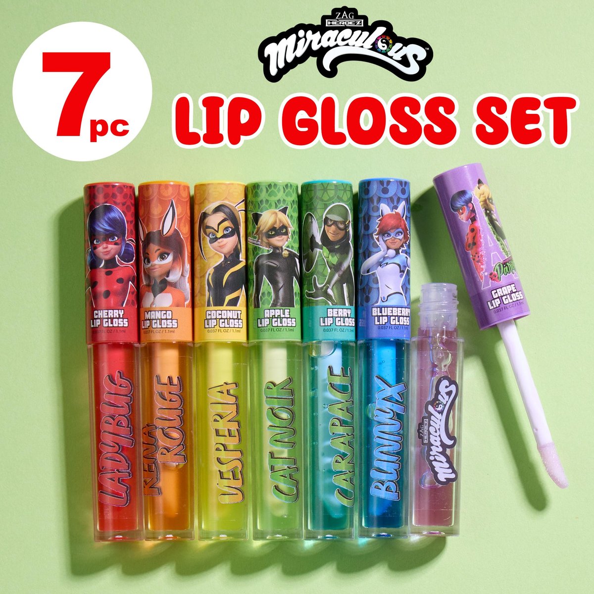 Miraculous 7-Piece Lip Gloss Set - Zag Heroez Lipgloss Collection with Fruit Flavors & Precision Applicator - görsel 3