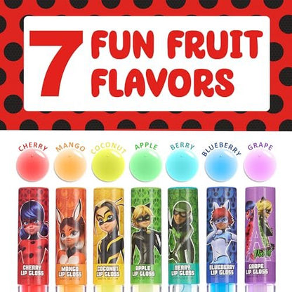 Miraculous 7-Piece Lip Gloss Set - Zag Heroez Lipgloss Collection with Fruit Flavors & Precision Applicator