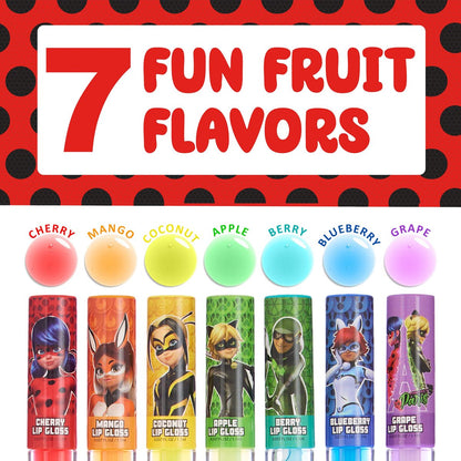 Miraculous 7-Piece Lip Gloss Set - Zag Heroez Lipgloss Collection with Fruit Flavors & Precision Applicator