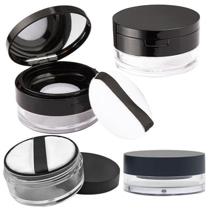 Empty Reusable Plastic Loose Powder Container with Sponge Puff & Elasticated Net Sifter – 20g + 10g Set (Black)