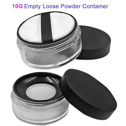 Empty Reusable Plastic Loose Powder Container with Sponge Puff & Elasticated Net Sifter – 20g + 10g Set (Black)
