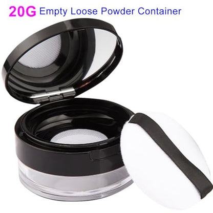 Empty Reusable Plastic Loose Powder Container with Sponge Puff & Elasticated Net Sifter – 20g + 10g Set (Black)
