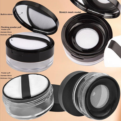 Empty Reusable Plastic Loose Powder Container with Sponge Puff & Elasticated Net Sifter – 20g + 10g Set (Black)