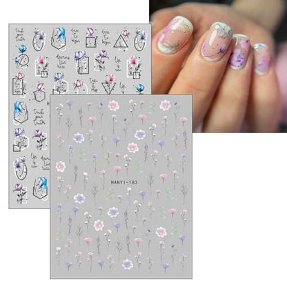 JMEOWIO 9 Sheets Spring Flower Nail Art Stickers Decals - Self-Adhesive Colorful Summer Floral Nail Supplies